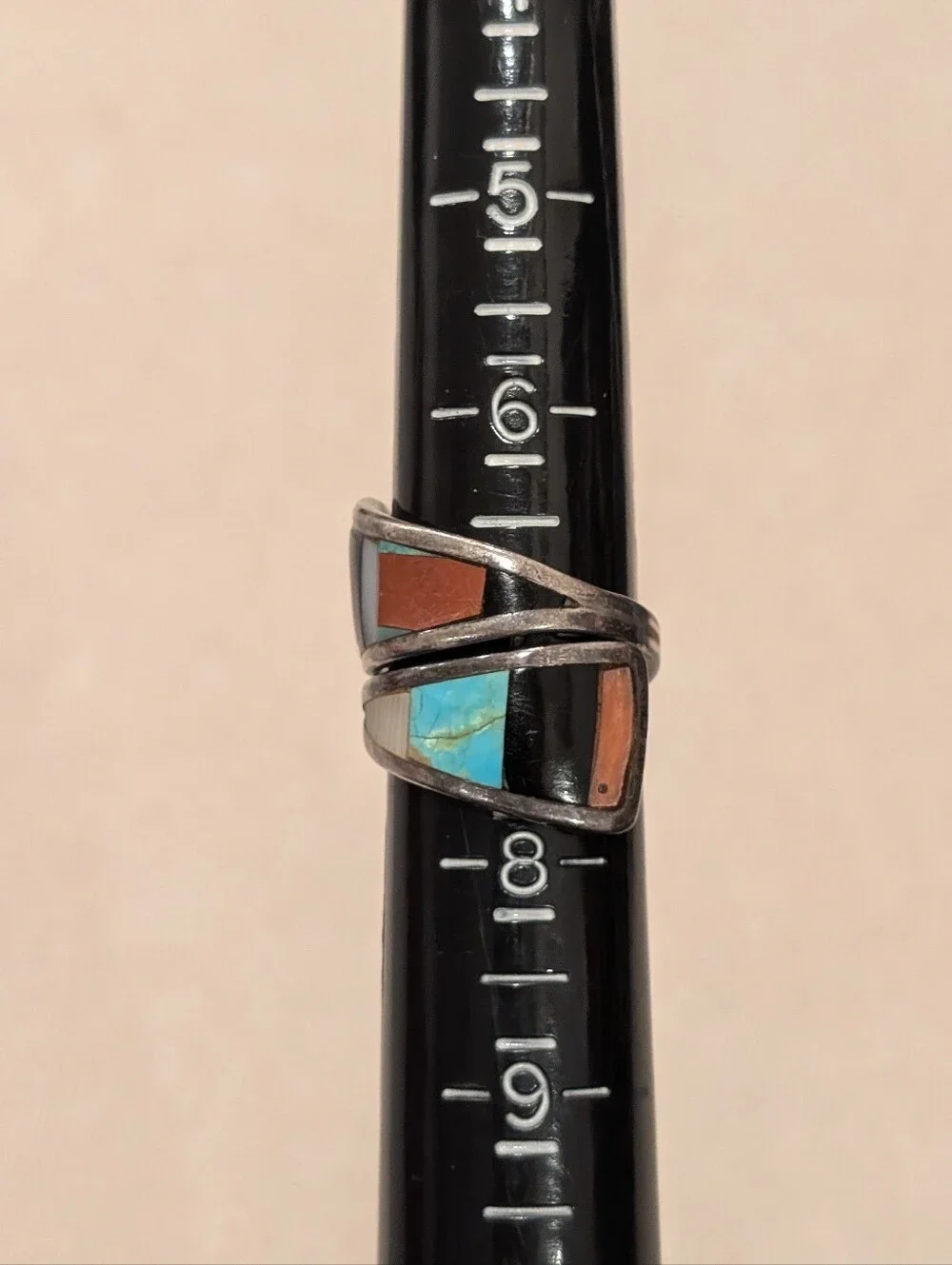 VTG Native American Silver Inlay Ring with Turquoise, Onyx, Mother Of Pearl